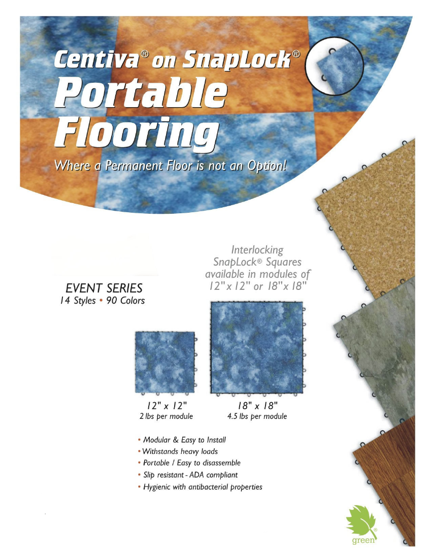 Centiva on Snaplock Portable Trade Show Flooring: Interlocking Snaplock squares available in modules of 12" x 12" or 18" x 18"